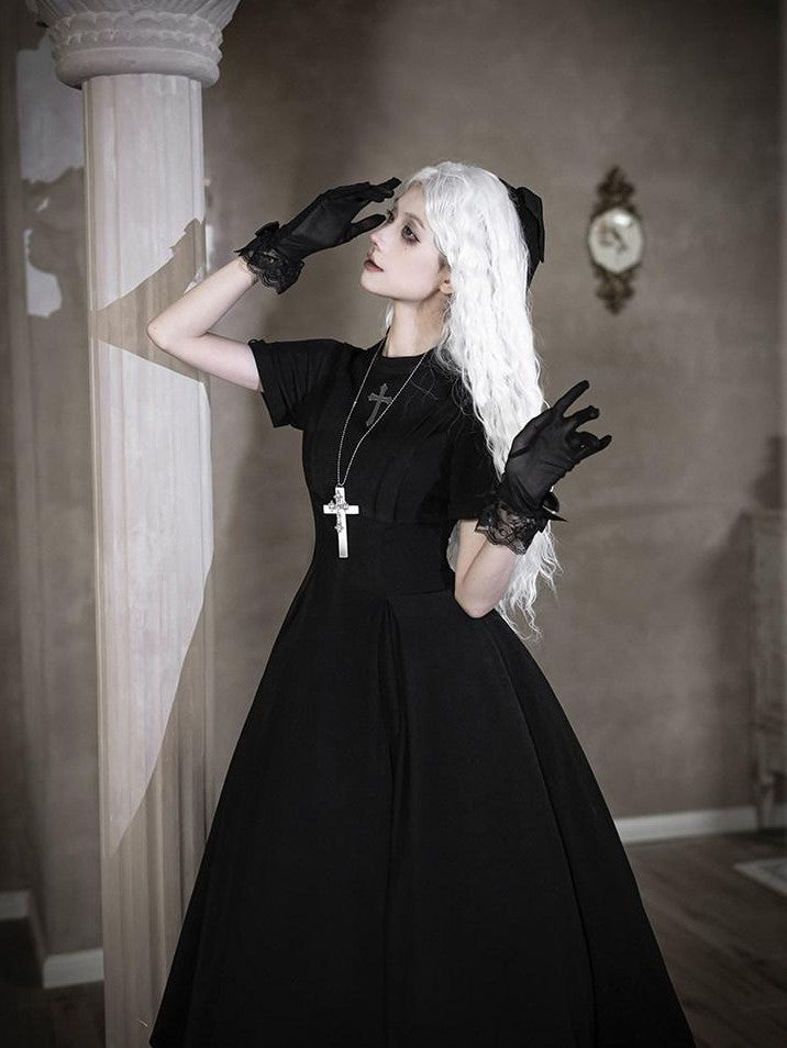 With PUJI Black And White Nun Style Lolita Seven Panel Flared Women's Long Sleeve Op