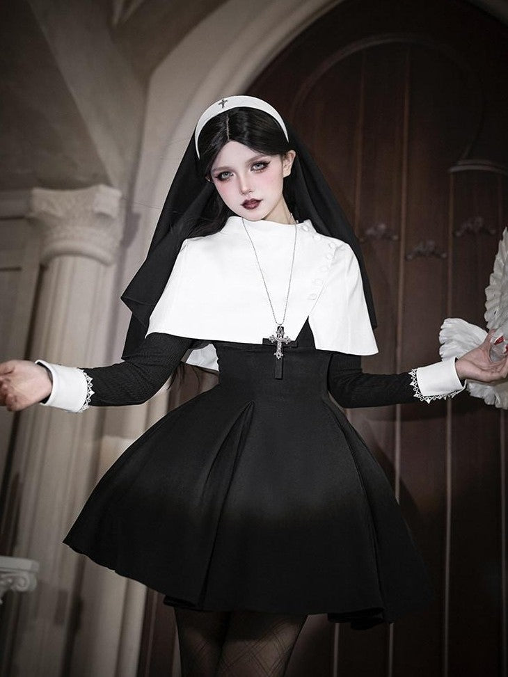 With PUJI Black And White Nun Style Lolita Seven Panel Flared Women's Long Sleeve Op