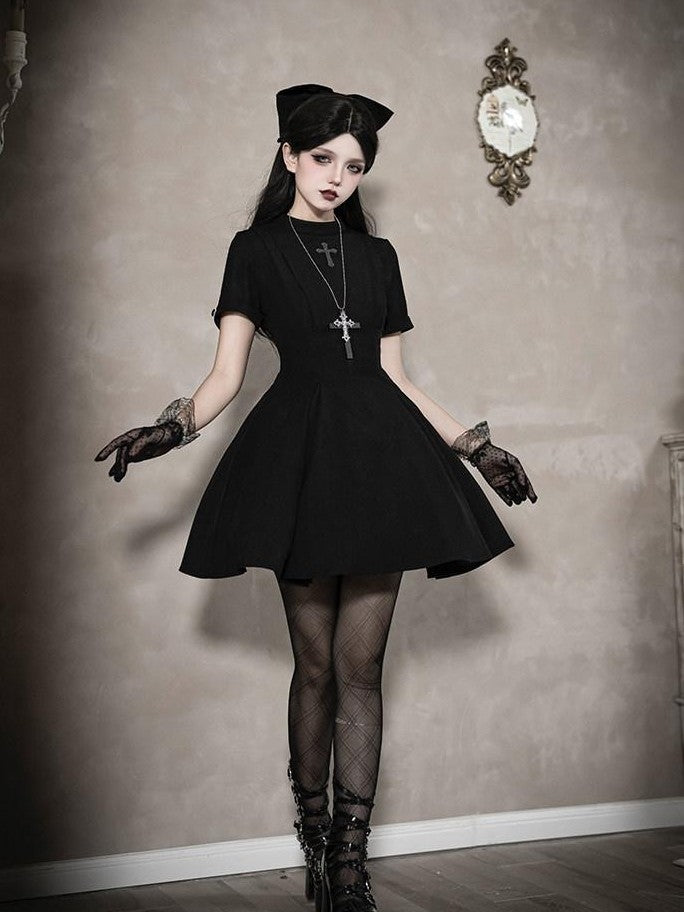With PUJI Black And White Nun Style Lolita Seven Panel Flared Women's Long Sleeve Op
