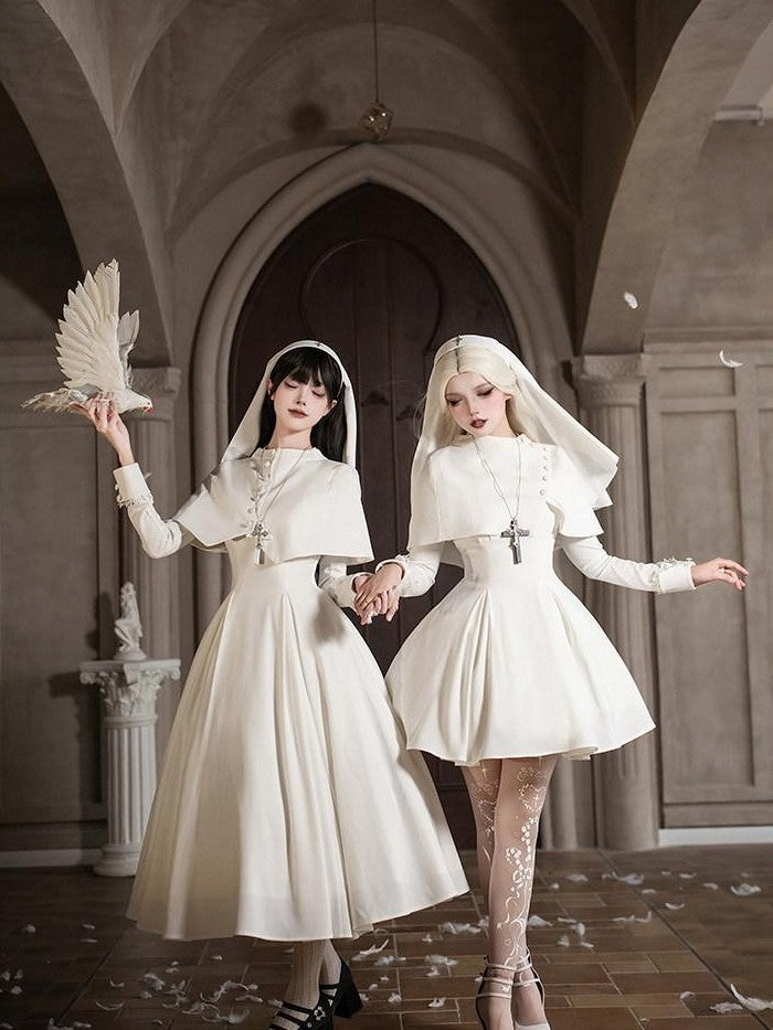 With PUJI Black And White Nun Style Lolita Seven Panel Flared Women's Long Sleeve Op
