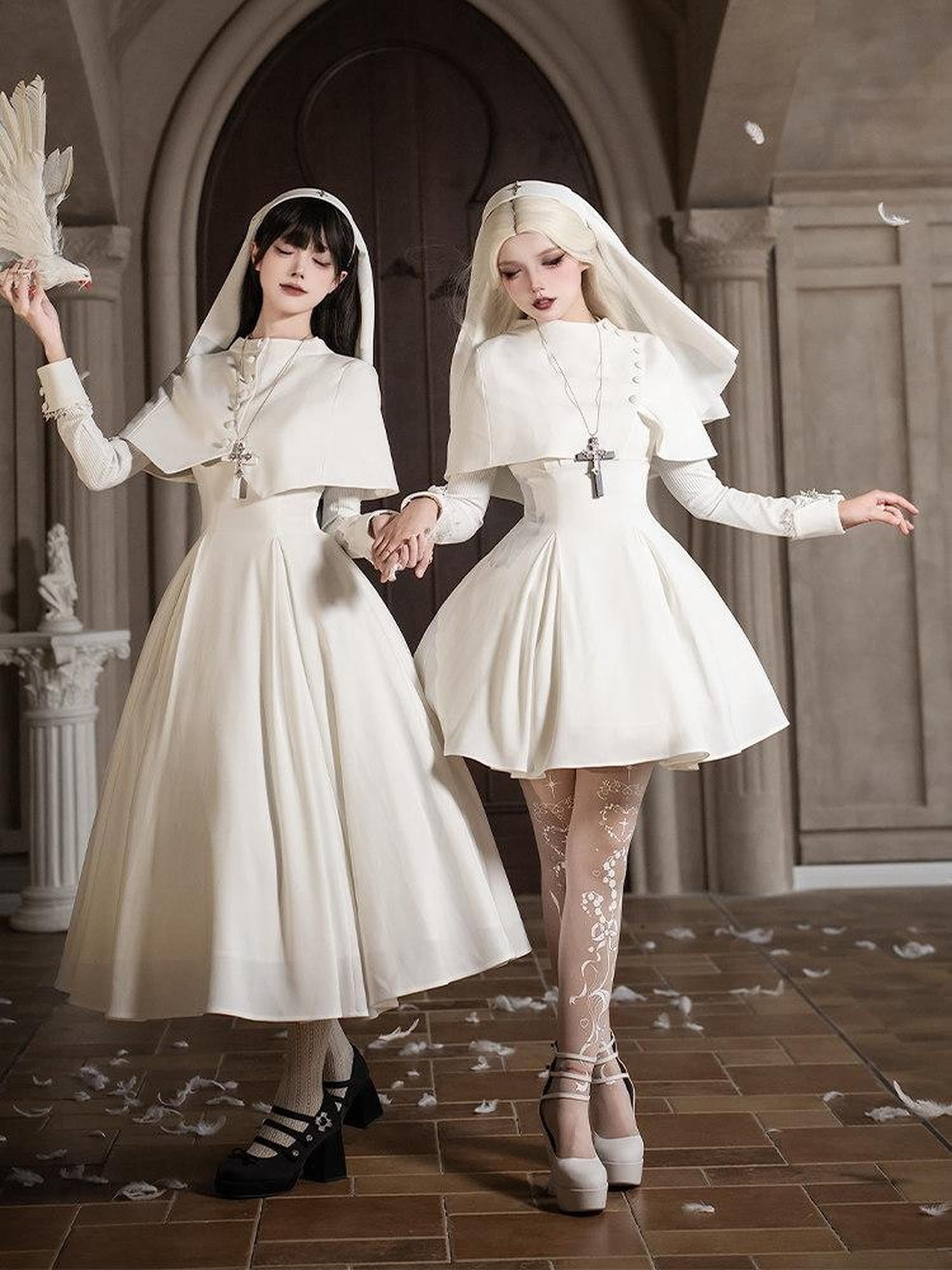 With PUJI Black And White Nun Style Lolita Seven Panel Flared Women's Long Sleeve Op