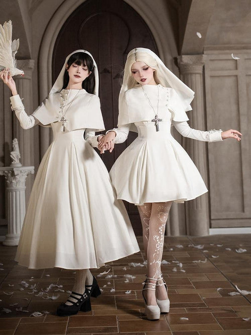 With PUJI Black And White Nun Style Lolita Seven Panel Flared Women's Long Sleeve Op