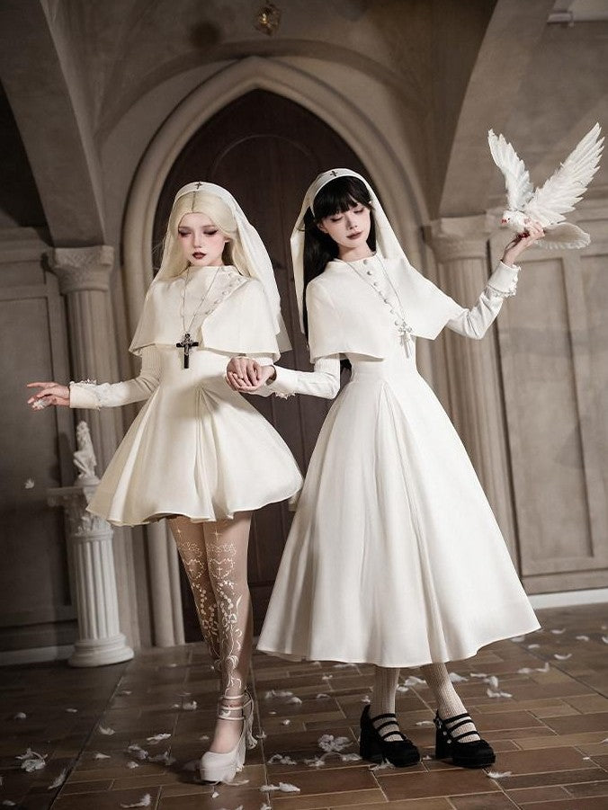 With PUJI Black And White Nun Style Lolita Seven Panel Flared Women's Long Sleeve Op
