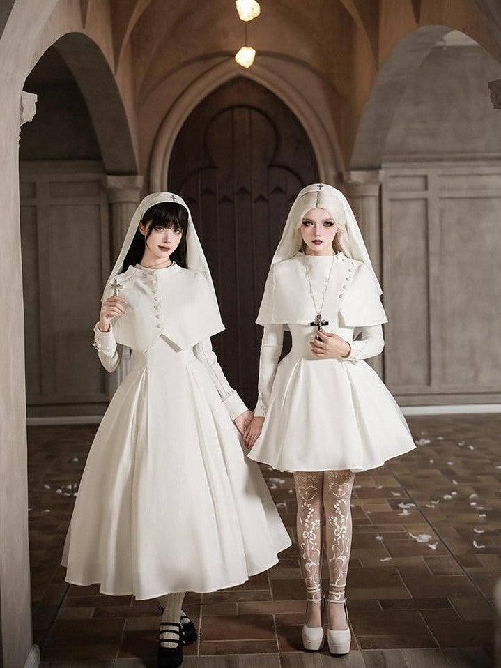 With PUJI Black And White Nun Style Lolita Seven Panel Flared Women's Long Sleeve Op