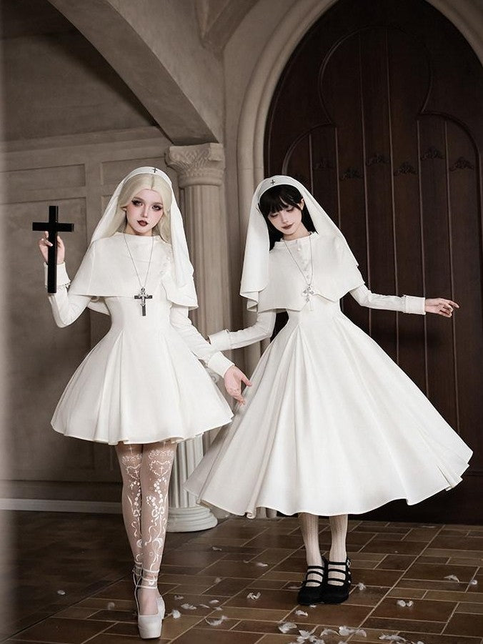 With PUJI Black And White Nun Style Lolita Seven Panel Flared Women's Long Sleeve Op