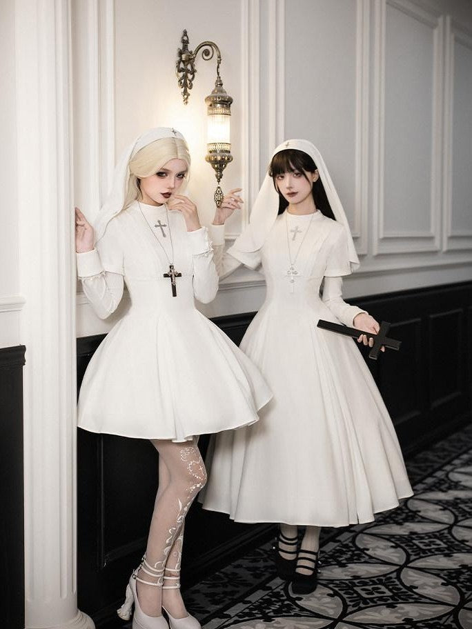 With PUJI Black And White Nun Style Lolita Seven Panel Flared Women's Long Sleeve Op