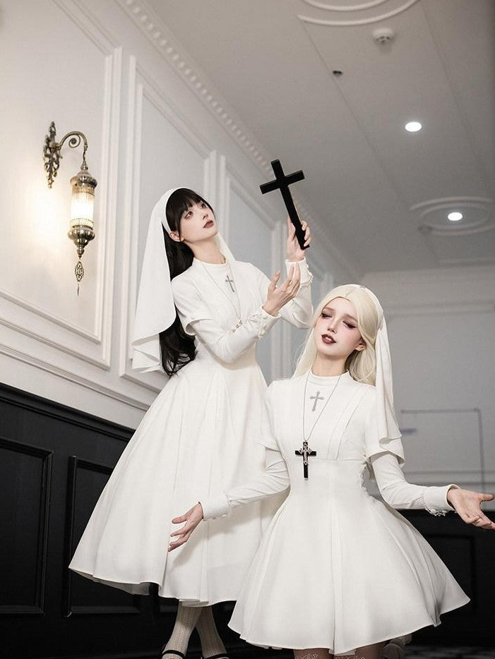 With PUJI Black And White Nun Style Lolita Seven Panel Flared Women's Long Sleeve Op