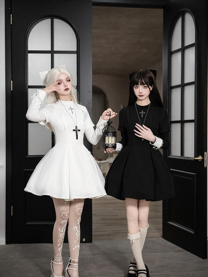 With PUJI Black And White Nun Style Lolita Seven Panel Flared Women's Long Sleeve Op