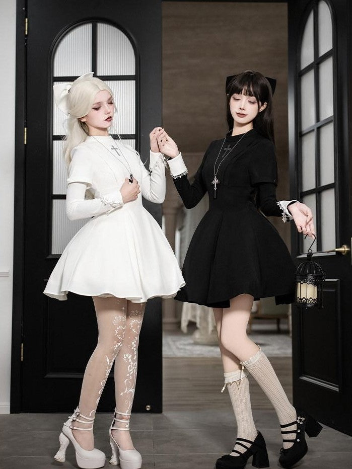With PUJI Black And White Nun Style Lolita Seven Panel Flared Women's Long Sleeve Op