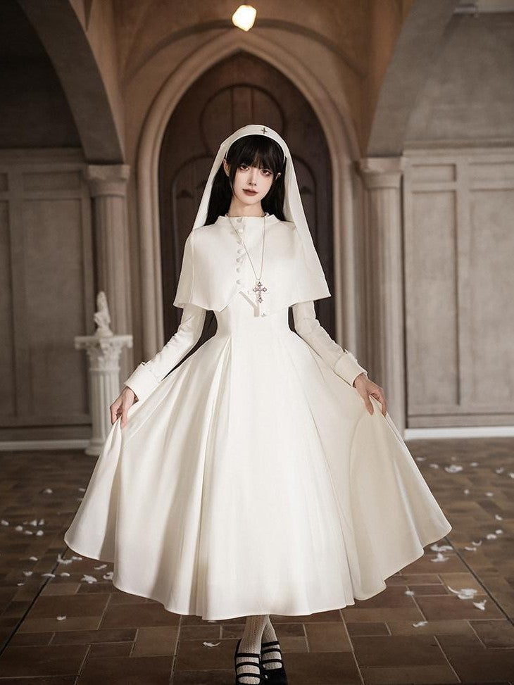 With PUJI Black And White Nun Style Lolita Seven Panel Flared Women's Long Sleeve Op