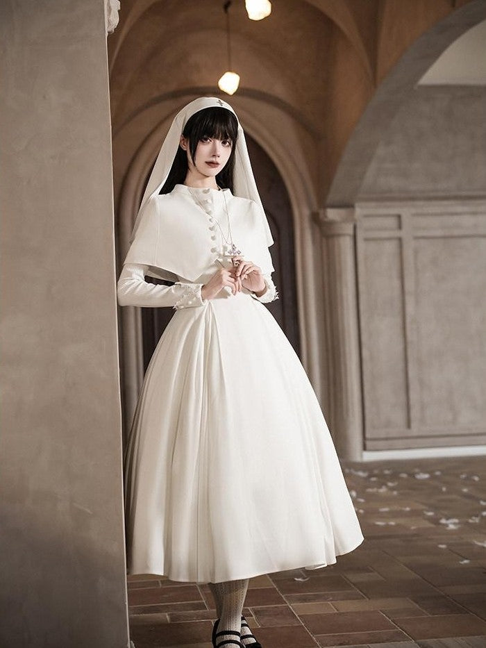 With PUJI Black And White Nun Style Lolita Seven Panel Flared Women's Long Sleeve Op