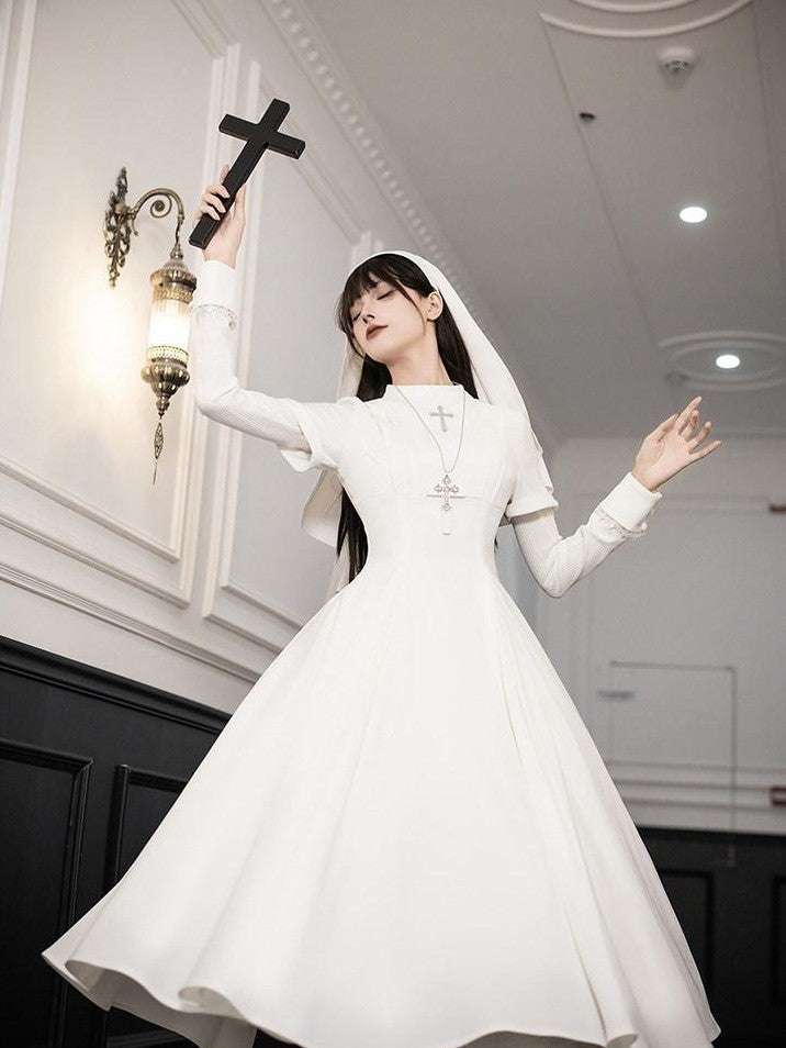 With PUJI Black And White Nun Style Lolita Seven Panel Flared Women's Long Sleeve Op