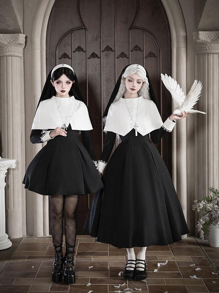 With PUJI Black And White Nun Style Lolita Seven Panel Flared Women's Long Sleeve Op