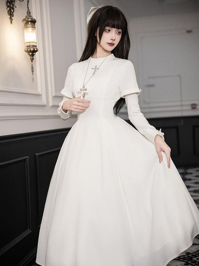 With PUJI Black And White Nun Style Lolita Seven Panel Flared Women's Long Sleeve Op