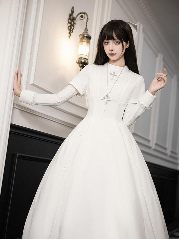 With PUJI Black And White Nun Style Lolita Seven Panel Flared Women's Long Sleeve Op