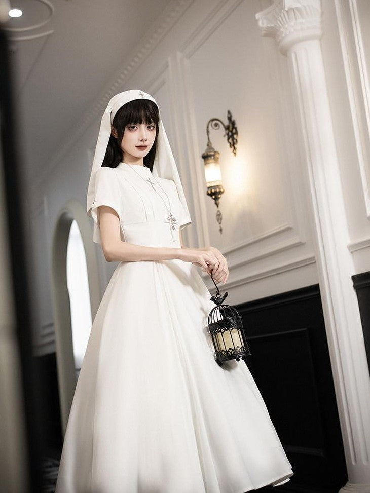With PUJI Black And White Nun Style Lolita Seven Panel Flared Women's Long Sleeve Op