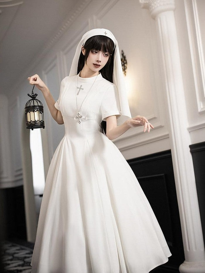 With PUJI Black And White Nun Style Lolita Seven Panel Flared Women's Long Sleeve Op
