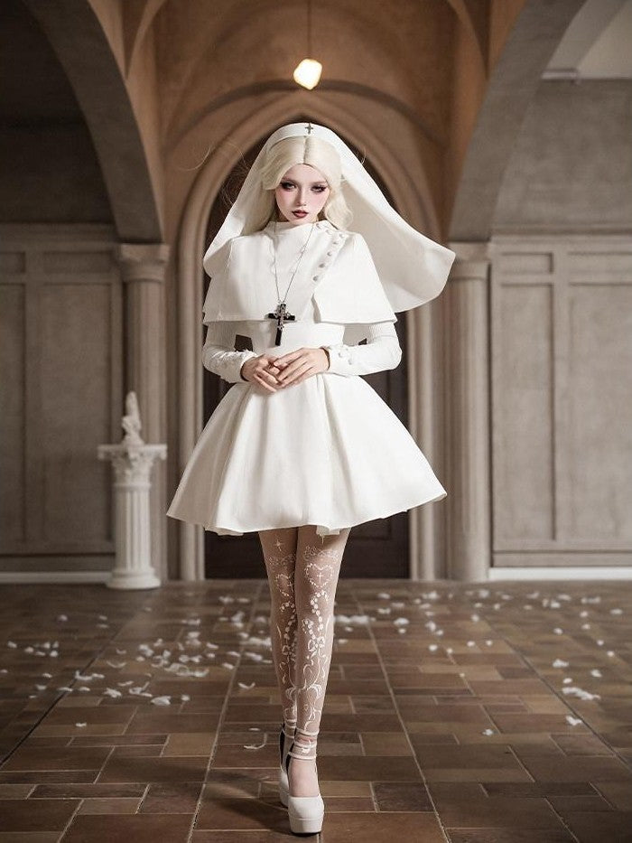 With PUJI Black And White Nun Style Lolita Seven Panel Flared Women's Long Sleeve Op