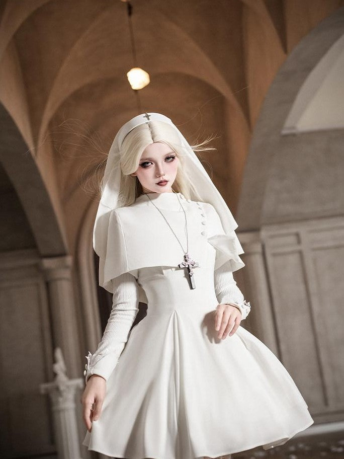 With PUJI Black And White Nun Style Lolita Seven Panel Flared Women's Long Sleeve Op