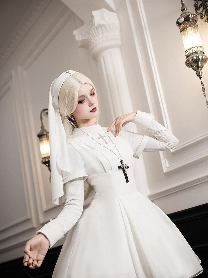 With PUJI Black And White Nun Style Lolita Seven Panel Flared Women's Long Sleeve Op