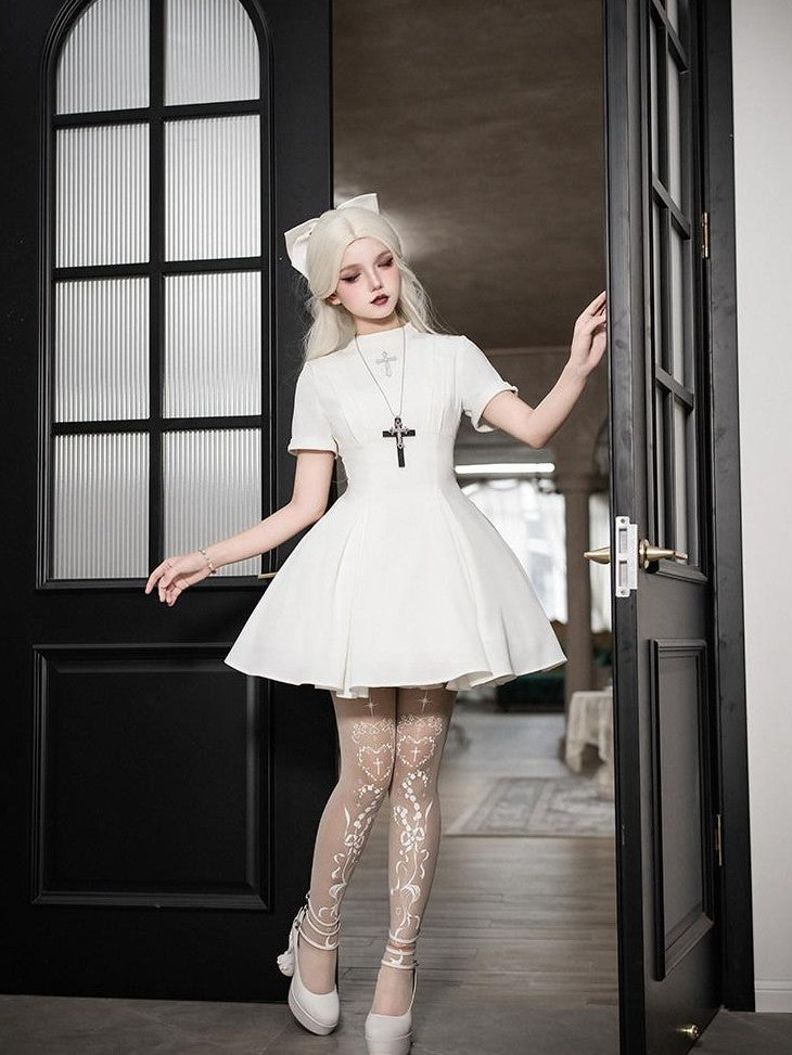 With PUJI Black And White Nun Style Lolita Seven Panel Flared Women's Long Sleeve Op