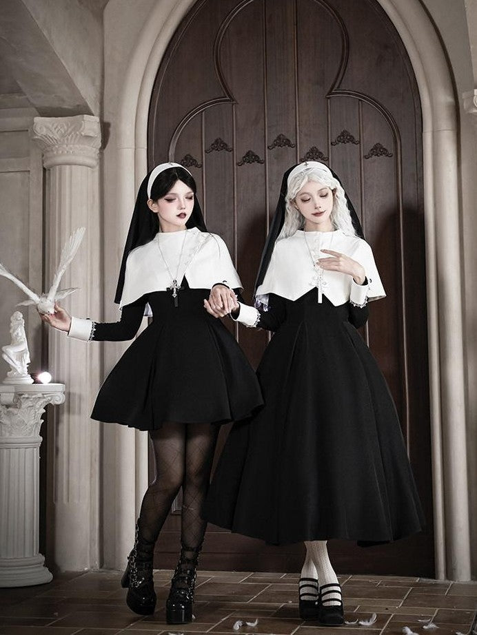 With PUJI Black And White Nun Style Lolita Seven Panel Flared Women's Long Sleeve Op