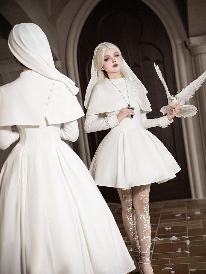 With PUJI Black And White Nun Style Lolita Seven Panel Flared Women's Long Sleeve Op