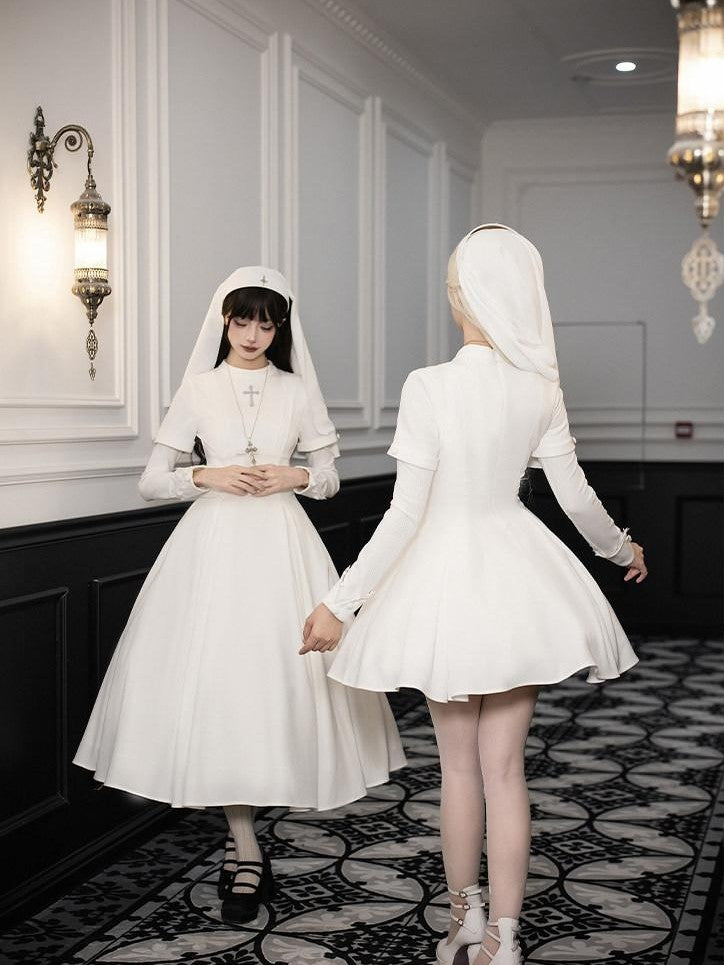 With PUJI Black And White Nun Style Lolita Seven Panel Flared Women's Long Sleeve Op