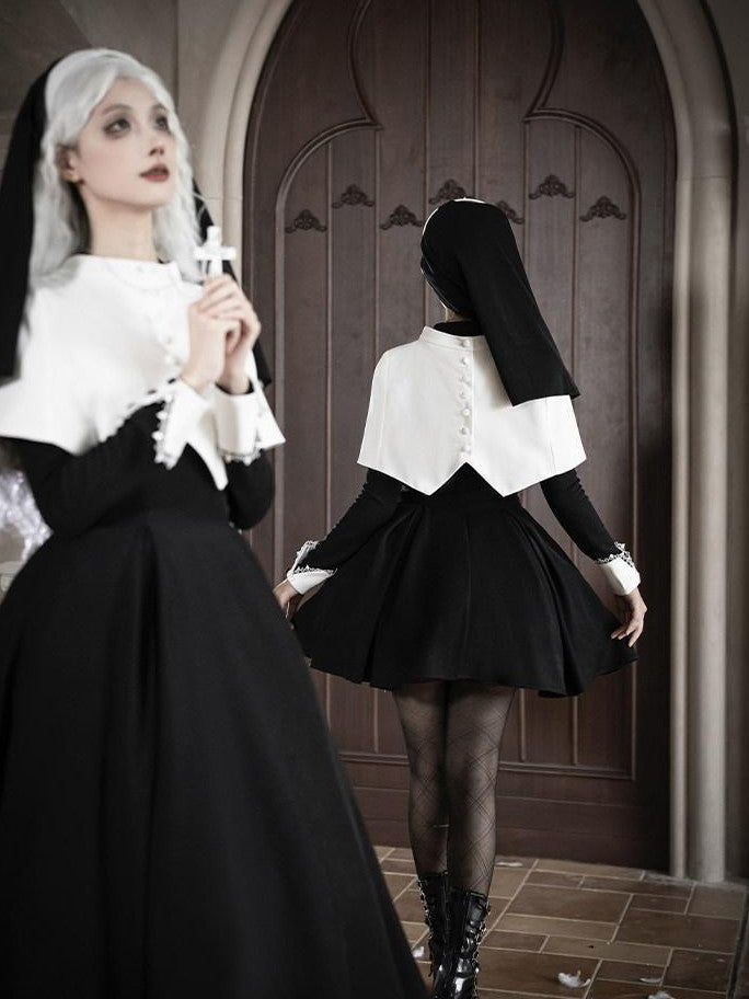 With PUJI Black And White Nun Style Lolita Seven Panel Flared Women's Long Sleeve Op