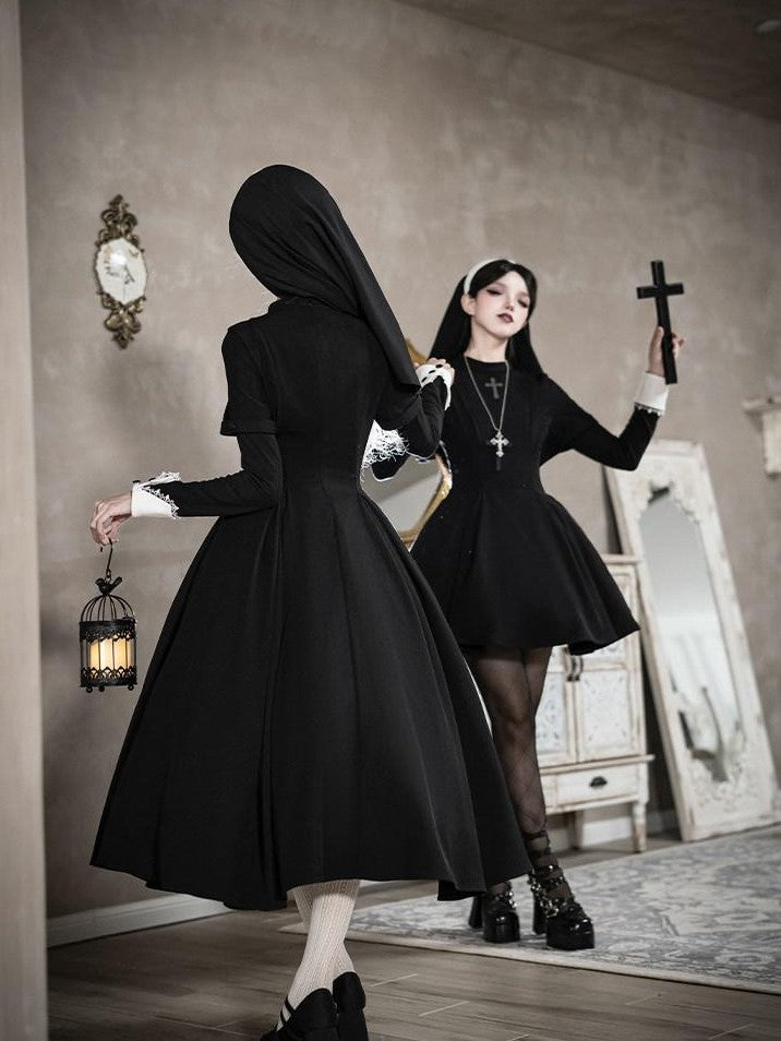 With PUJI Black And White Nun Style Lolita Seven Panel Flared Women's Long Sleeve Op
