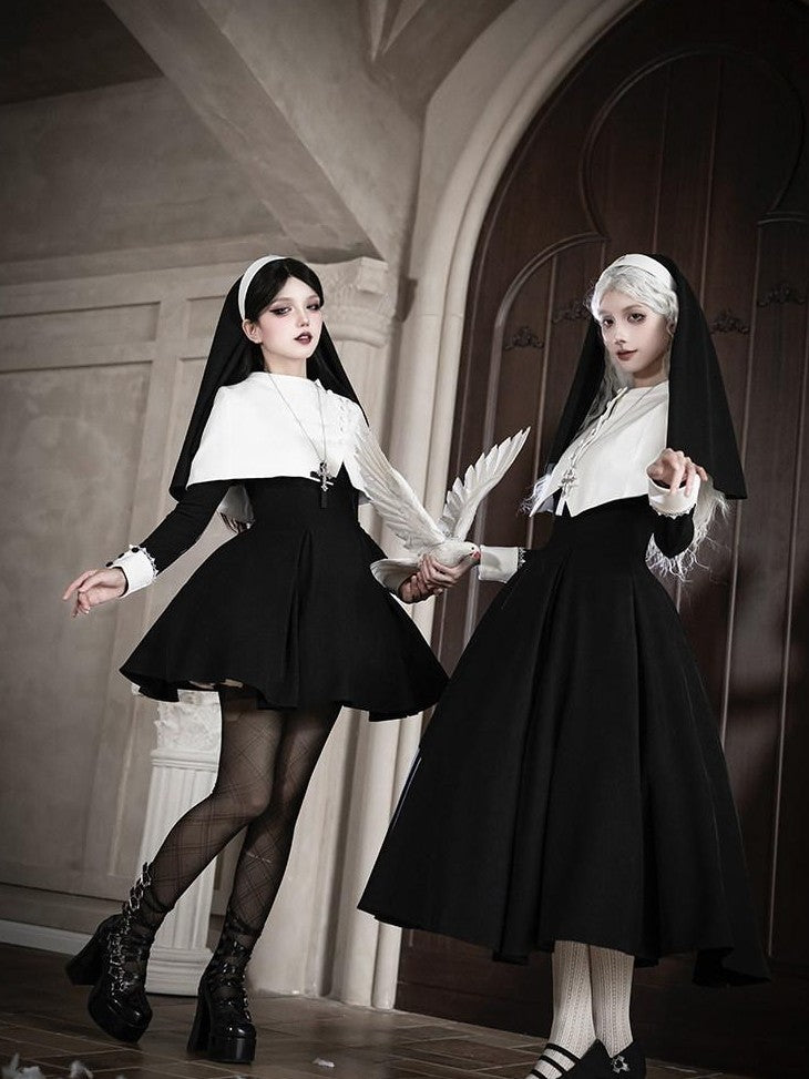 With PUJI Black And White Nun Style Lolita Seven Panel Flared Women's Long Sleeve Op