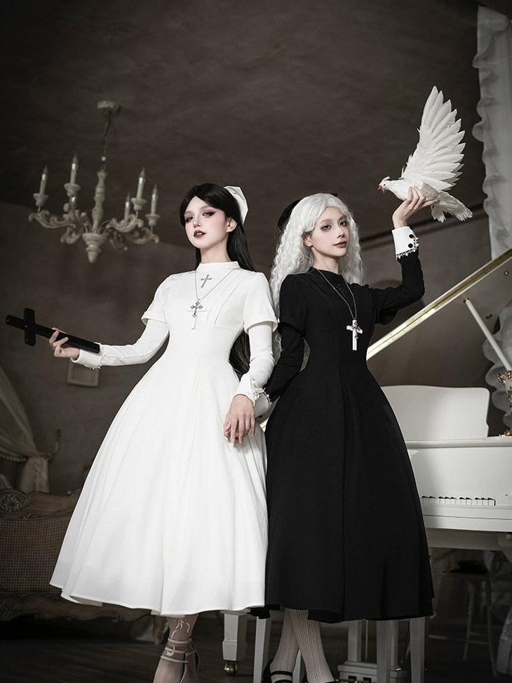 With PUJI Black And White Nun Style Lolita Seven Panel Flared Women's Long Sleeve Op