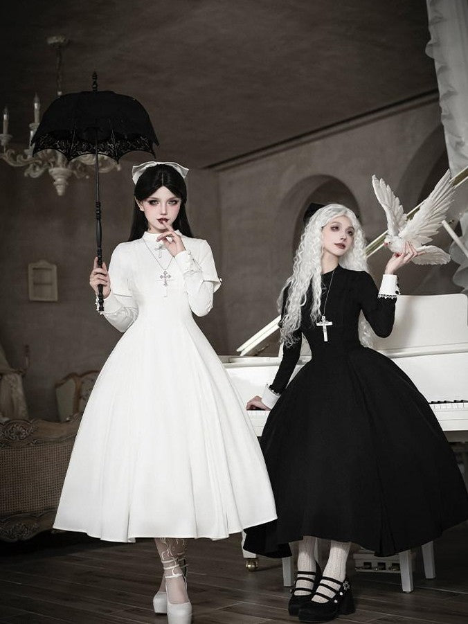 With PUJI Black And White Nun Style Lolita Seven Panel Flared Women's Long Sleeve Op