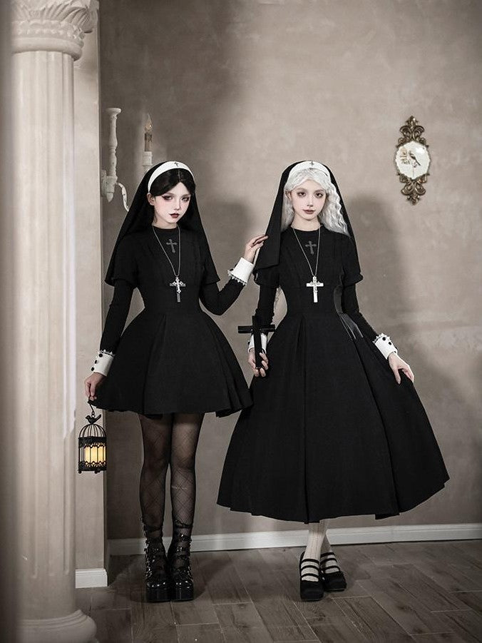 With PUJI Black And White Nun Style Lolita Seven Panel Flared Women's Long Sleeve Op