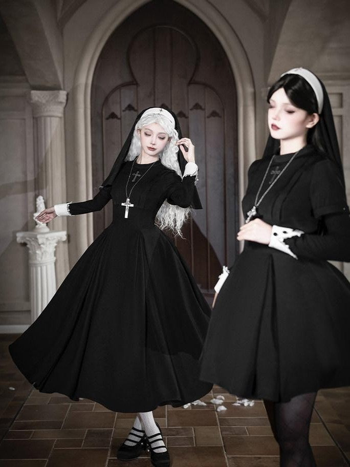 With PUJI Black And White Nun Style Lolita Seven Panel Flared Women's Long Sleeve Op