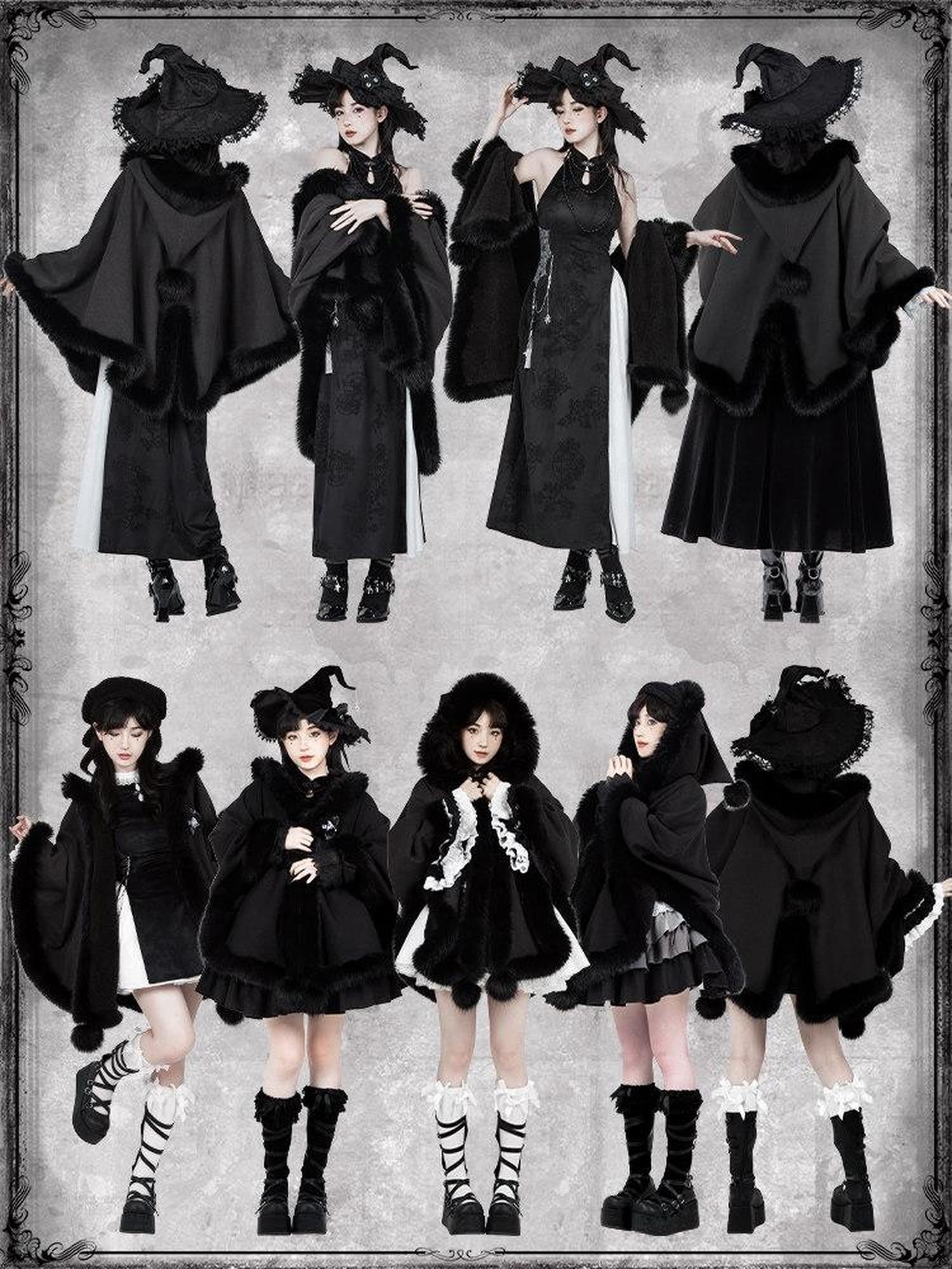 With PUJI Black Hooded Gothic Brooch Women's Thick Fleece Lined Long Cloaks