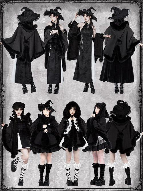 With PUJI Black Hooded Gothic Brooch Women's Thick Fleece Lined Long Cloaks