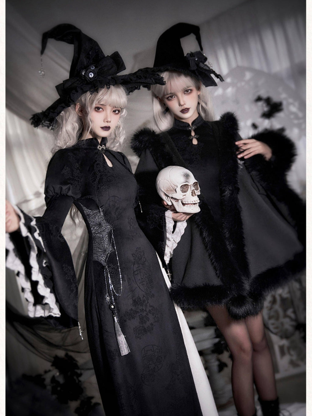 With PUJI Black Hooded Gothic Brooch Women's Thick Fleece Lined Long Cloaks