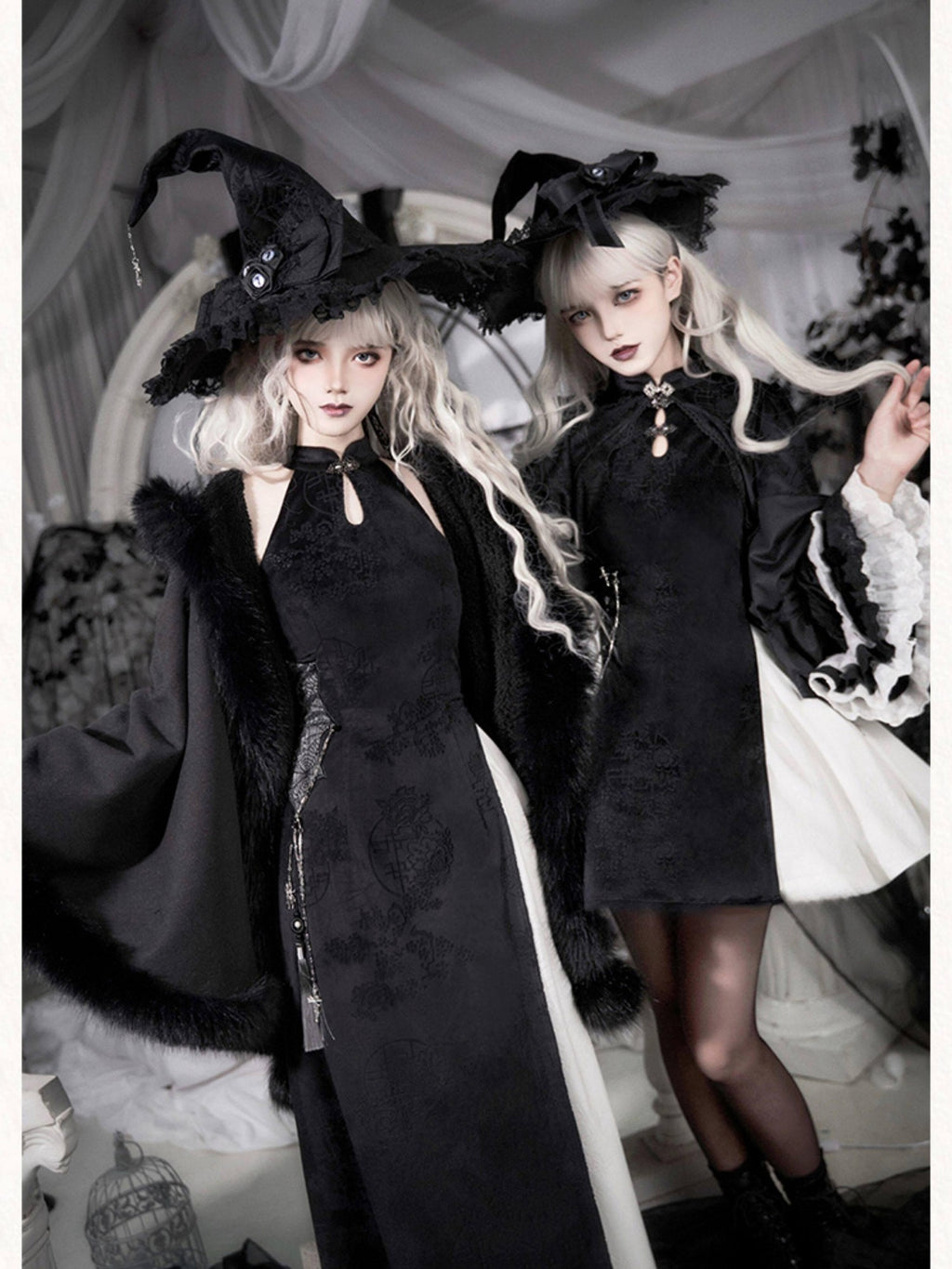 With PUJI Black Hooded Gothic Brooch Women's Thick Fleece Lined Long Cloaks