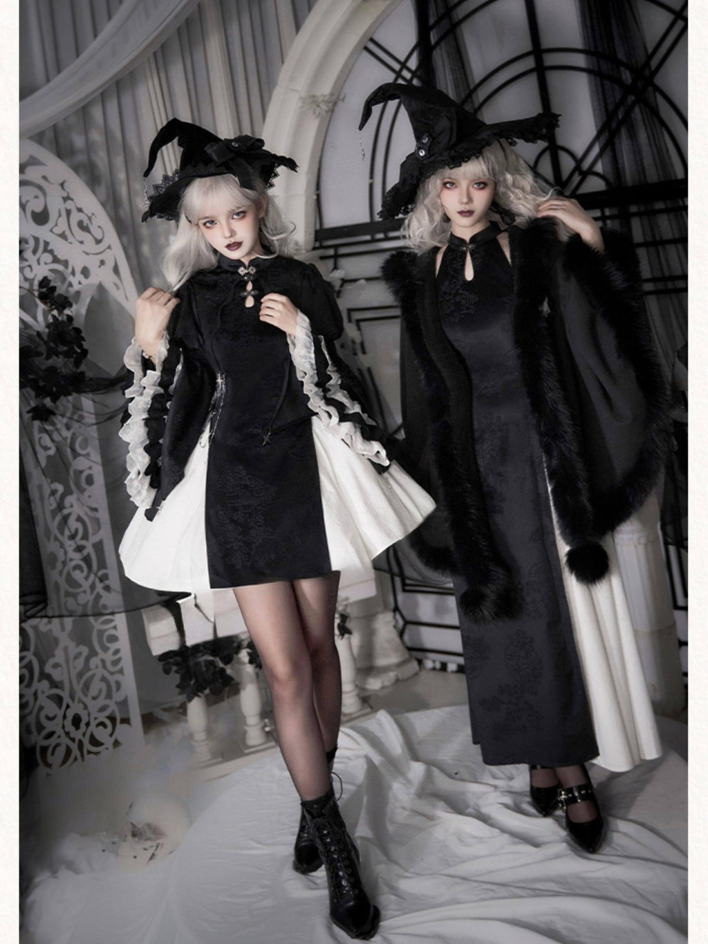 With PUJI Black Hooded Gothic Brooch Women's Thick Fleece Lined Long Cloaks