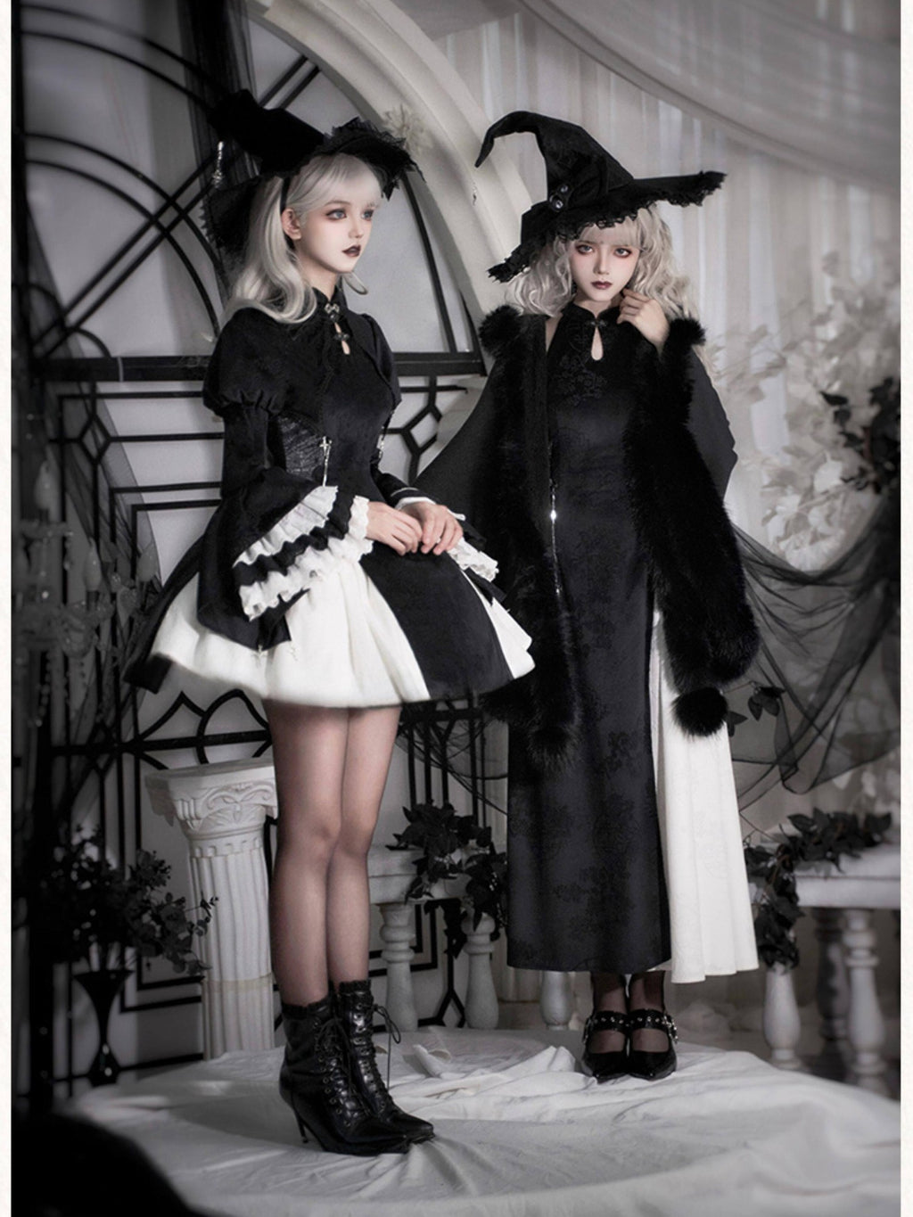 With PUJI Black Hooded Gothic Brooch Women's Thick Fleece Lined Long Cloaks