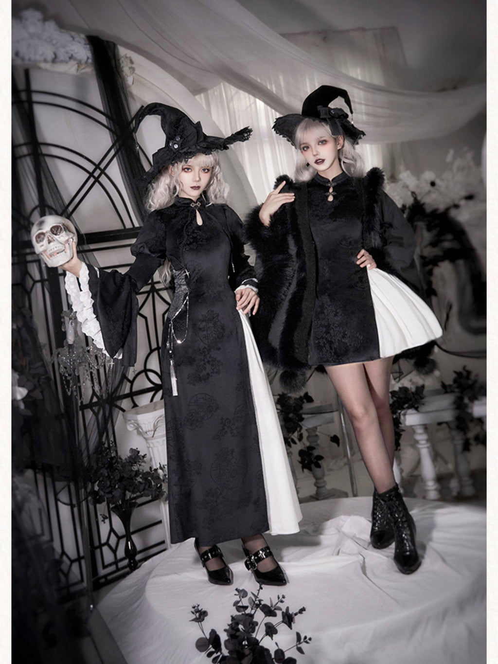 With PUJI Black Hooded Gothic Brooch Women's Thick Fleece Lined Long Cloaks