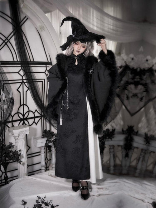 With PUJI Black Hooded Gothic Brooch Women's Thick Fleece Lined Long Cloaks