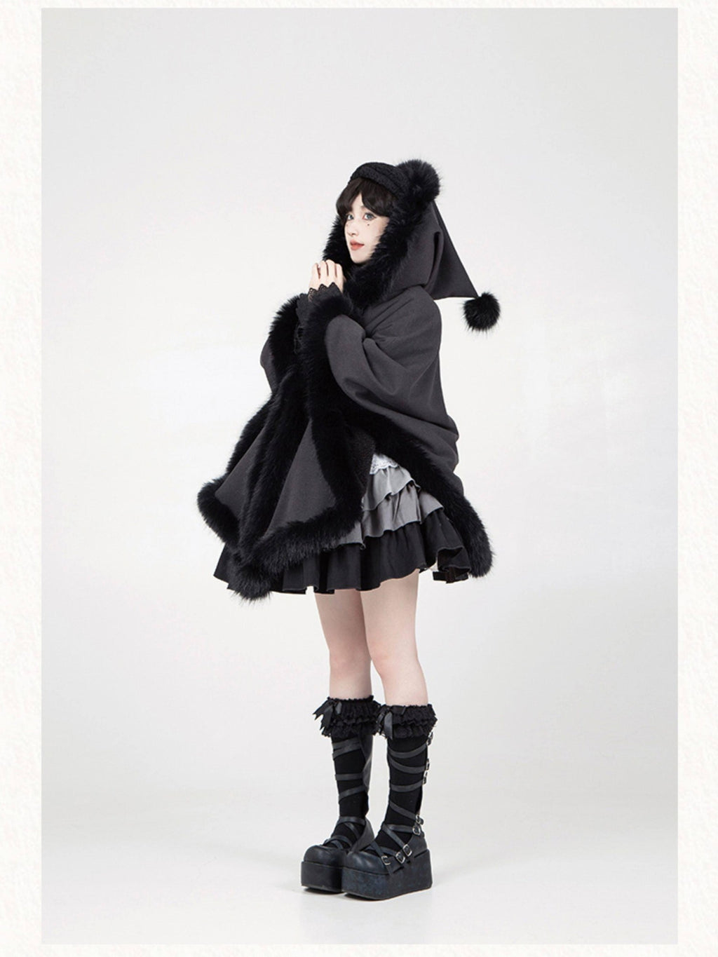 With PUJI Black Hooded Gothic Brooch Women's Thick Fleece Lined Long Cloaks