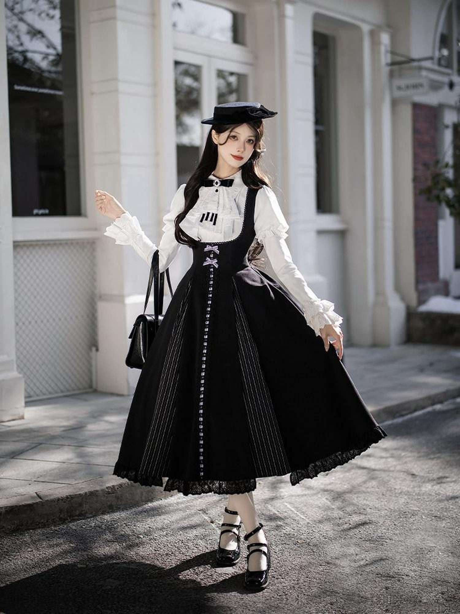 With PUJI Black White Lace Hem Bustier Lolita Women's Full Coordination Sets