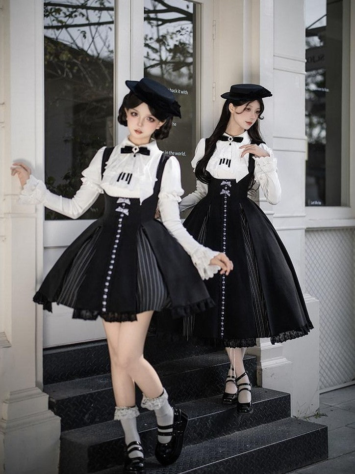 With PUJI Black White Lace Hem Bustier Lolita Women's Full Coordination Sets