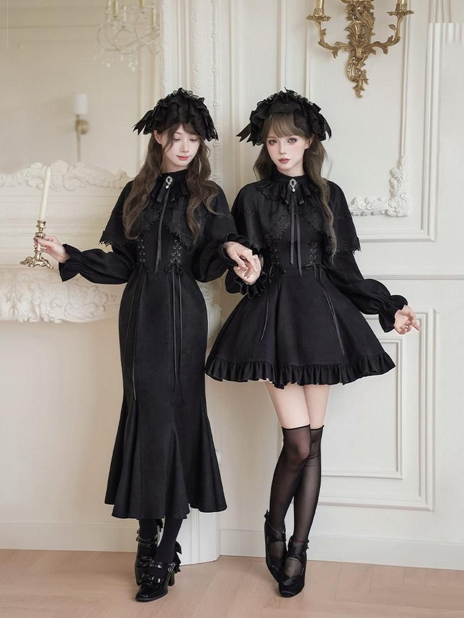 With PUJI Bow Brooch Faux Two Piece Shawl Mermaid Women's Short Hem Long Sleeve Op
