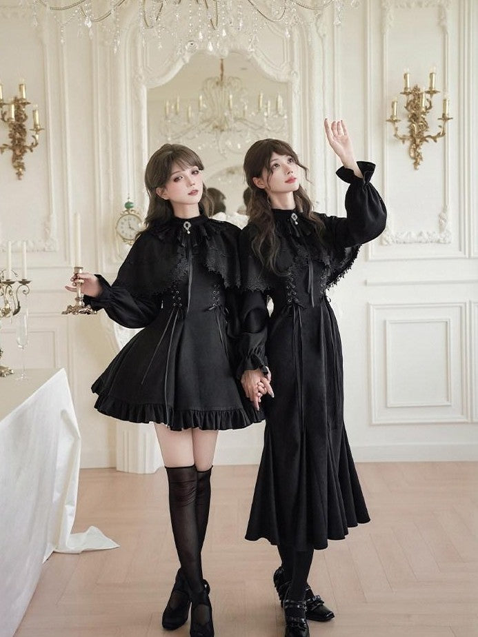 With PUJI Bow Brooch Faux Two Piece Shawl Mermaid Women's Short Hem Long Sleeve Op