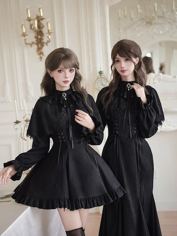 With PUJI Bow Brooch Faux Two Piece Shawl Mermaid Women's Short Hem Long Sleeve Op