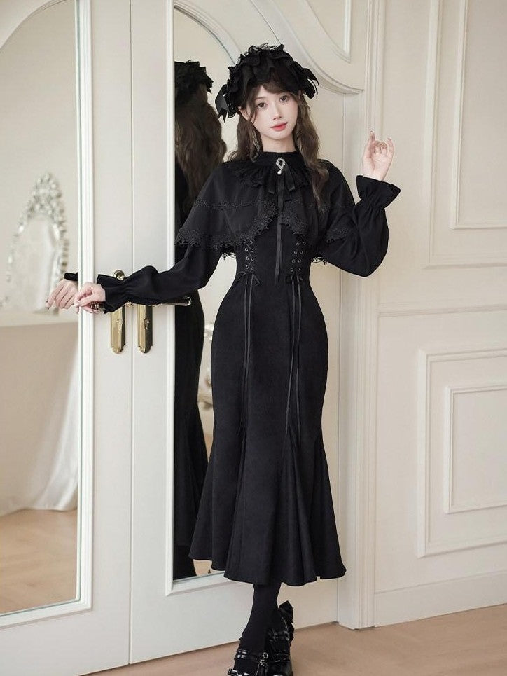 With PUJI Bow Brooch Faux Two Piece Shawl Mermaid Women's Short Hem Long Sleeve Op